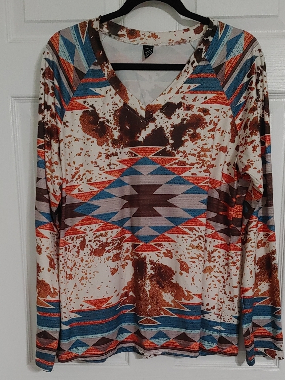 Aztec Print V-Neck Long Sleeve Top - Multicolor Size XL